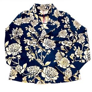 Solitaire Womens M Blue Cream Gold Floral Faux Suede Long Sleeve Open Jacket